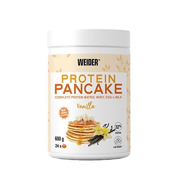 Weider Protein Pancake Mix. Goût Vanille. Préparation protéinée pour pancakes. 3 sources de protéines : lactosérum, œuf et la