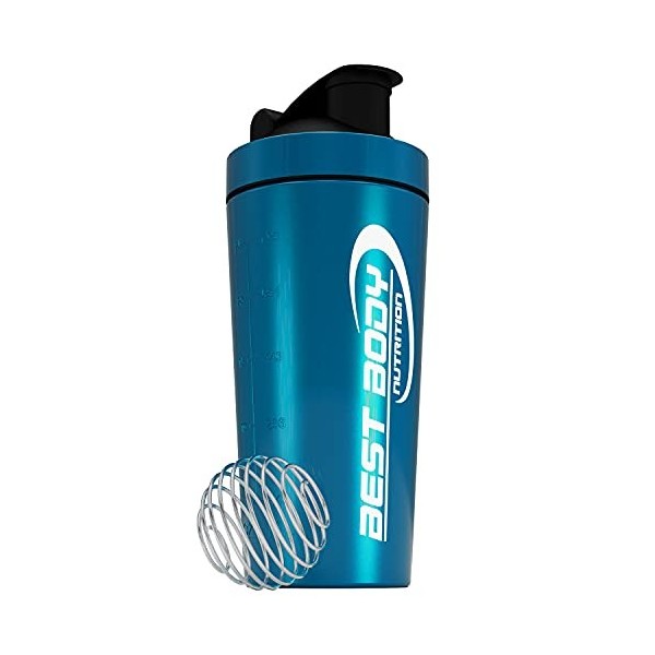 Best Body Nutrition Shaker pour boisson protéinée, en acier inoxydable, avec tamis intégré et boule en spirale, argenté