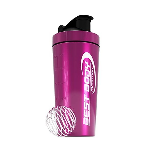 Best Body Nutrition Shaker pour boisson protéinée, en acier inoxydable, avec tamis intégré et boule en spirale, argenté