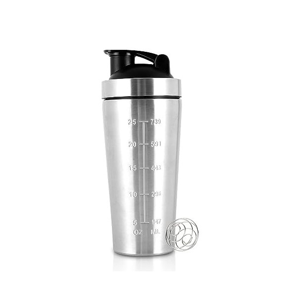 FENYW 750ml Shaker à protéines en acier inoxydable Avec Ballon Dagitation, sans BPA Sport Fitness Shaker, Shaker à Protéines