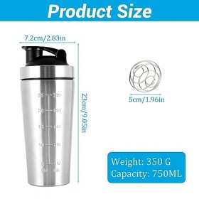 FENYW 750ml Shaker à protéines en acier inoxydable Avec Ballon Dagitation, sans BPA Sport Fitness Shaker, Shaker à Protéines