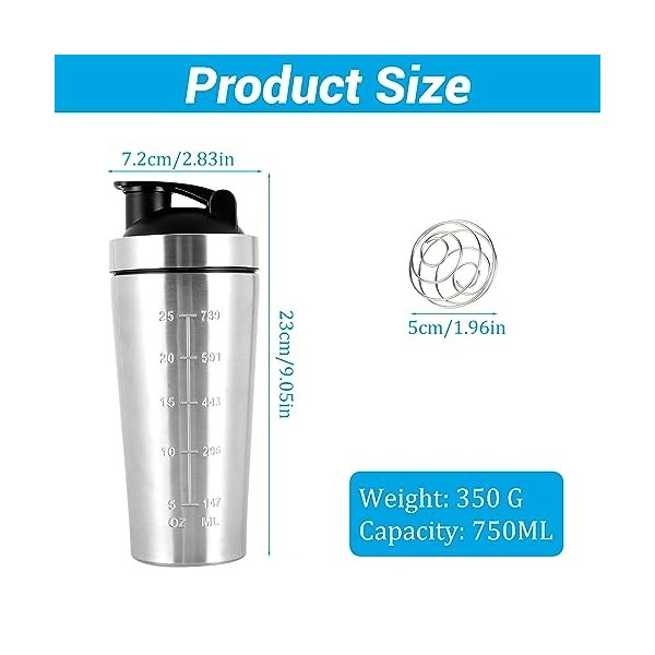 FENYW 750ml Shaker à protéines en acier inoxydable Avec Ballon Dagitation, sans BPA Sport Fitness Shaker, Shaker à Protéines