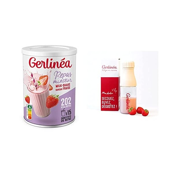 Gerlinéa Boisson Milkshake goût Fraise + Shaker, Substituts de repas riche en protéines Poudre à reconstituer contient 15 rep