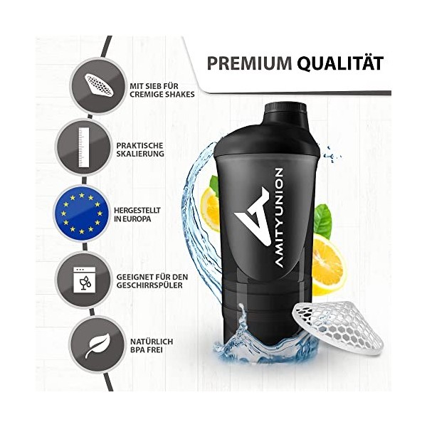 AMITYUNION Protein Shaker Deluxe 700 ml - Agitateur de protéines étanche, sans BPA - Tamis et tartre pour les shakes crémeux 