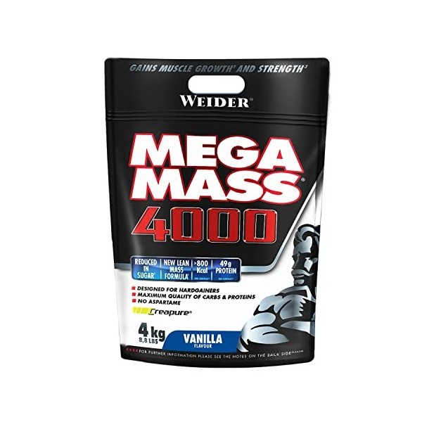 Weider Mega Mass 4000. Goût Vanille. Mélange protéiné pour prise de masse. Avec 3 protéines lait, lactosérum, blanc d’œuf e