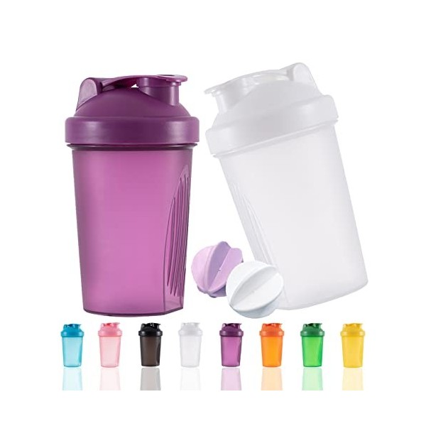 OOTD Lot de 2 bouteilles shakes protéinées et shaker de 400 ml avec boules de fouet en métal, sans BPA violet + blanc 