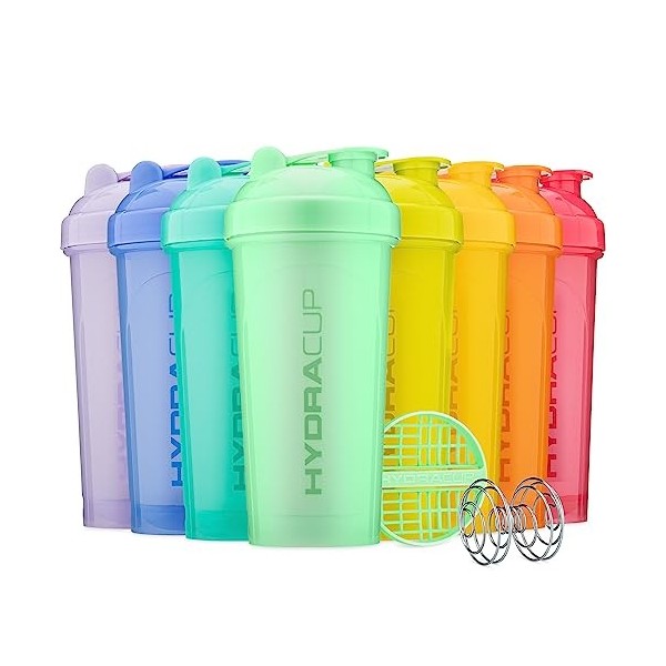 HydraCup Lot de 8 bouteilles shaker de 800 ml pour mélanges de protéines, double mélangeur, fouet métallique et grille de mél