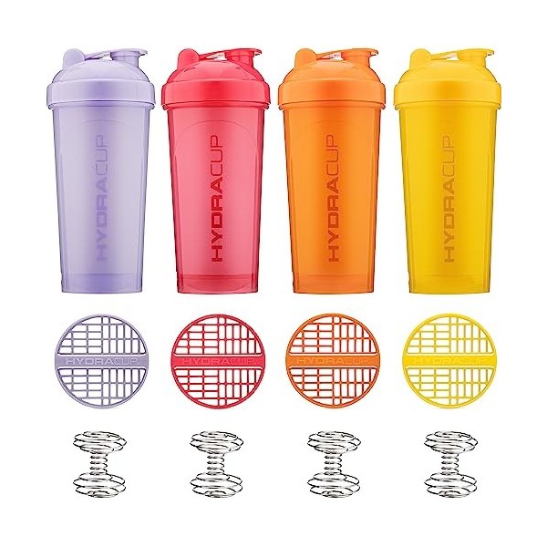 HydraCup Lot de 8 bouteilles shaker de 800 ml pour mélanges de protéines, double mélangeur, fouet métallique et grille de mél