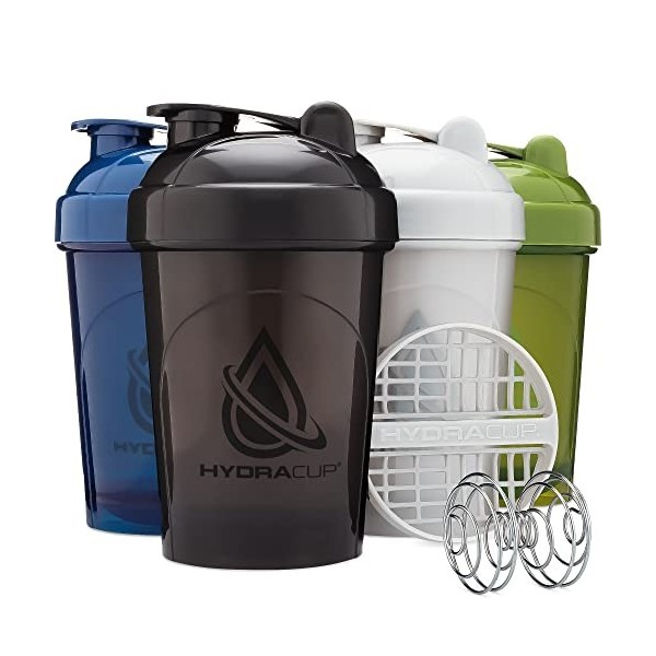 Hydra Cup – Lot de 4 shakers de 570 ml avec boules de fouet en fil métallique, mélangeur pour mélanges protéinés, V2