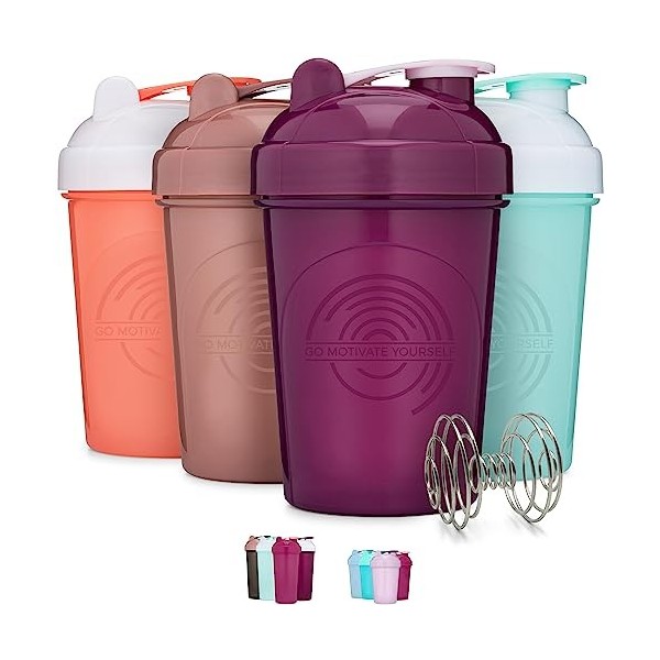 GOMOYO Lot de 4 bouteilles shaker de 590 ml avec agitateurs de mélange corail/blanc, violet, menthe/blanc, rose | Le shaker