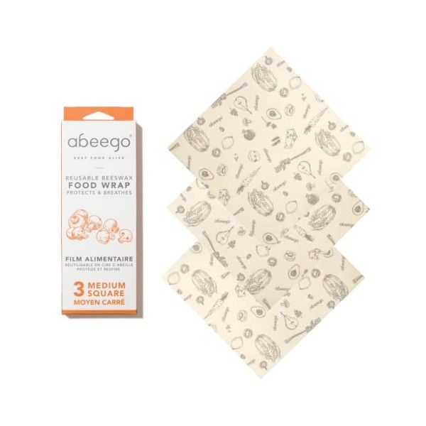 Abeego, Set of 3 Medium, 10 Square, Natural Beeswax Food Storage Wrap Flats by Abeego