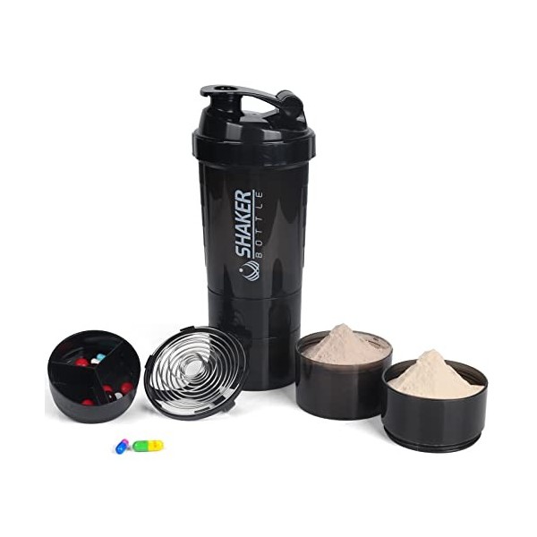 Ufit Bouteille shaker de protéine – Bouteille deau de sport – 3 couches antidérapantes avec plateau à pilules – Anti-fuite –