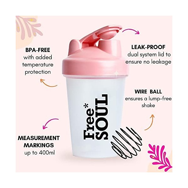 Free Soul Shaker de protéines de 400 ml avec boule de mixage | Rose | Sans BPA | Mini bouteille deau pour boissons protéinée