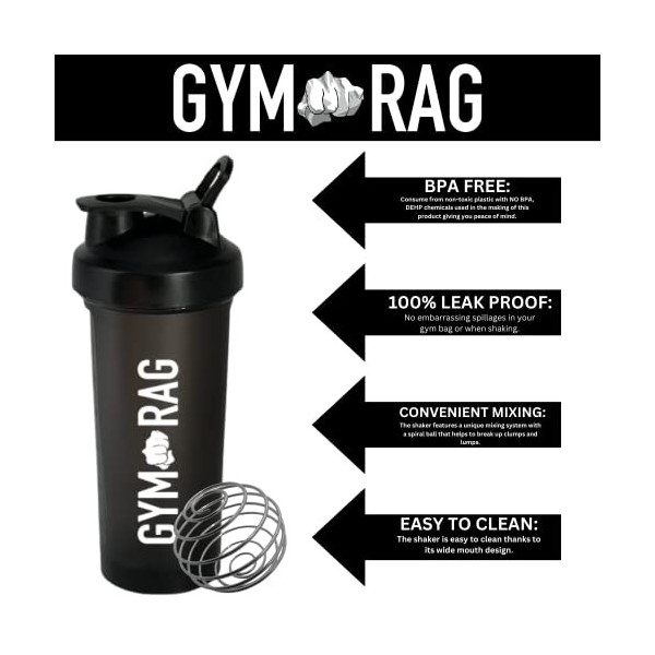 GYM RAG Shaker de protéines - Sans BPA, sans fuite - 600 ml - Avec mélangeur à billes - Durable - Pour boissons protéinées, s