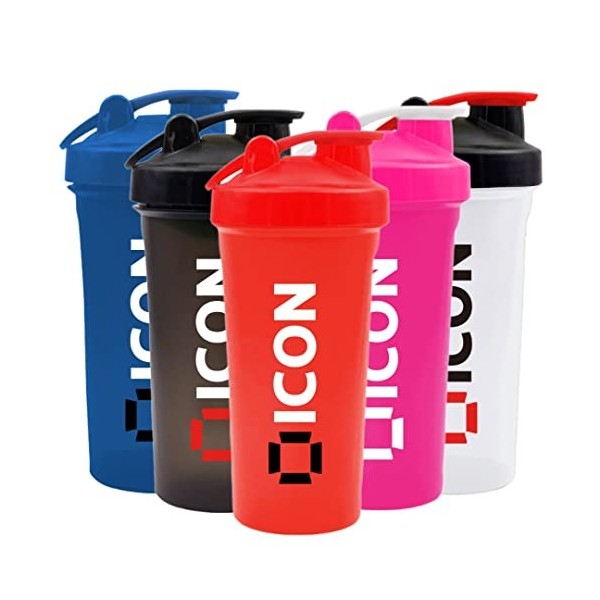 ICON Nutrition Classic Protein Shaker Bouteille de 600 ml Transparent / Noir bouchon rouge Rouge mat