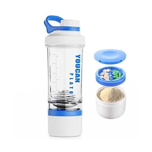 YOUCAN PLATO Shaker Proteinshake,Protein Shaker,Eiweiß Shaker Mit Pulverfach und Kugel,Shake Becher,Fitness Shaker,Schüttelbe