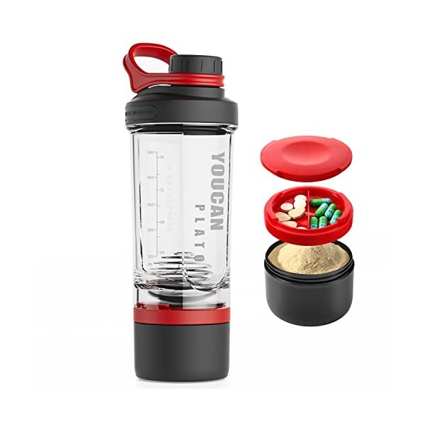 YOUCAN PLATO Shaker Proteinshake,Protein Shaker,Eiweiß Shaker Mit Pulverfach und Kugel,Shake Becher,Fitness Shaker,Schüttelbe