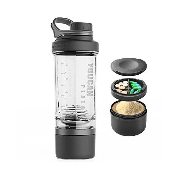 YOUCAN PLATO Shaker Proteinshake,Protein Shaker,Eiweiß Shaker Mit Pulverfach und Kugel,Shake Becher,Fitness Shaker,Schüttelbe