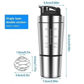 CLIUNT Shaker à protéines en acier inoxydable, 600 ml + 200 ml, pour le sport, le fitness, les protéines en acier inoxydable,
