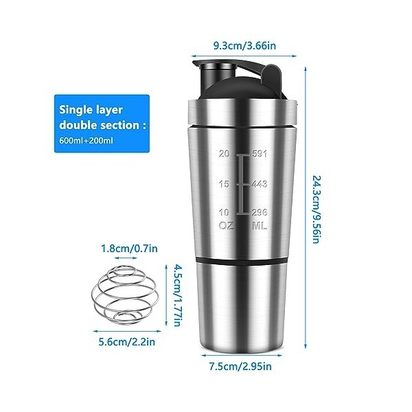 CLIUNT Shaker à protéines en acier inoxydable, 600 ml + 200 ml, pour le sport, le fitness, les protéines en acier inoxydable,