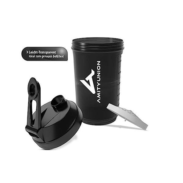 AMITYUNION Shaker à protéines FYRA - 700 ml - Sans BPA - Avec tamis et graduation - Pour boissons au lactosérum et BCCA - Gob