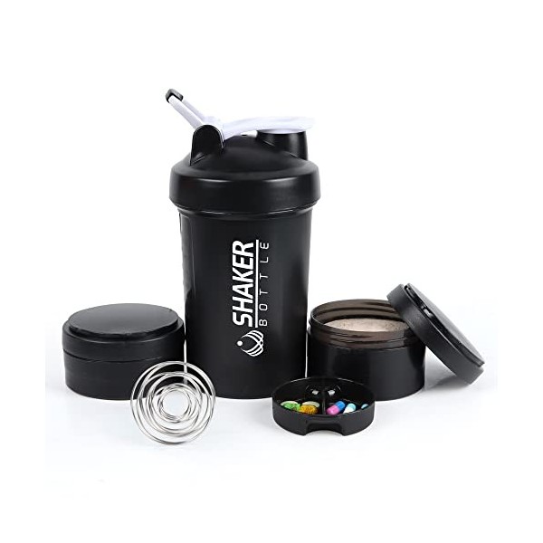 VECH Shaker Bottle Shaker de 473,6 g avec supplément de stockage de poudre et étui à pilules pour salle de sport et entraînem