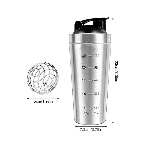 Gobesty Shaker de protéines 750 ml, en acier inoxydable, bouteille de complément mélangeur de protéines avec Mixball, bouteil