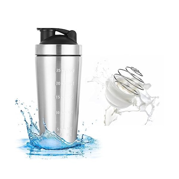 Piashow Shaker à protéines en acier inoxydable, 750 ml, shaker classique avec BlenderBall, en acier inoxydable, sans BPA, pou