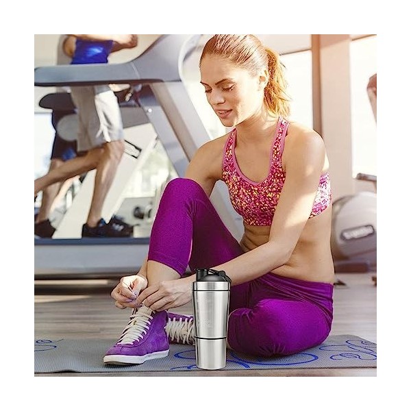 Fivtsme Shaker Protéine Acier Inoxydable,Sport Fitness Shaker avec 200ml Compartiment,Shaker Bottle de Protéines Capacité 600