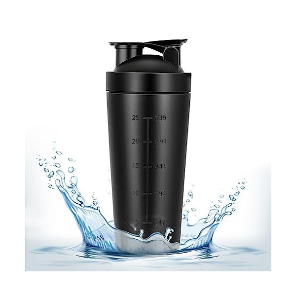 Fouvin Shaker à protéines de sport - 750 ml - En acier inoxydable - Avec graduation - Shaker de fitness - Pour protéines, rég