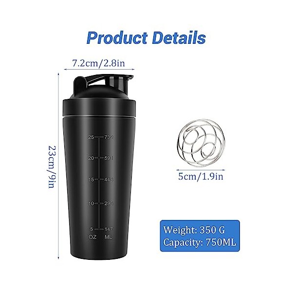 CLIUNT Protein Shaker en acier inoxydable, 750 ml protéines en acier inoxydable, Avec boule en acier inoxydable, Pour protéin