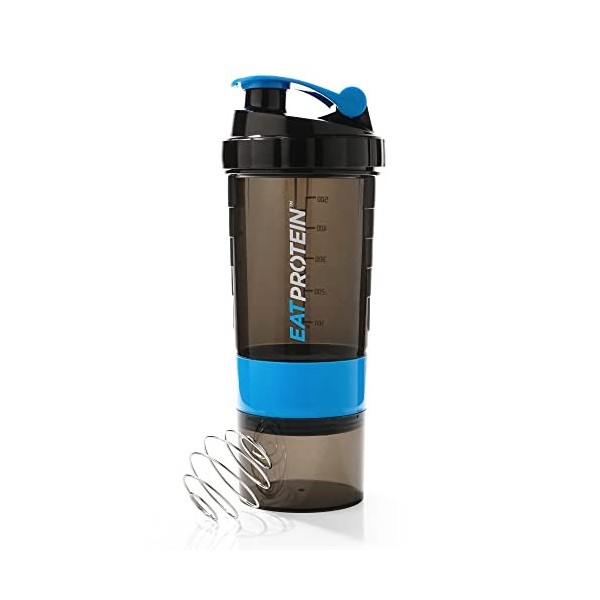 Eat Protein Shaker à protéines 500 ml, noir/bleu – 2 conteneurs de rangement amovibles – Compartiment à pilules amovible – Bo