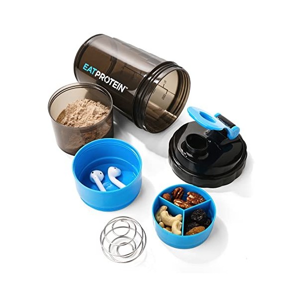 Eat Protein Shaker à protéines 500 ml, noir/bleu – 2 conteneurs de rangement amovibles – Compartiment à pilules amovible – Bo