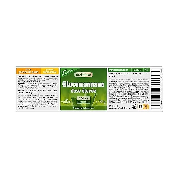 Greenfood Glucomannan, 700 mg, dose élevée, 120 gélules - SANS additifs artificiels, sans organisme génétiquement modifié. Ve