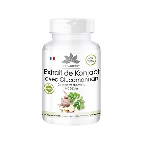 Konjac 527 mg - Extrait - 240 gélules - Végétarien - Avec 95% de glucomannane | HERBADIREKT by Warnke Vitalstoffe