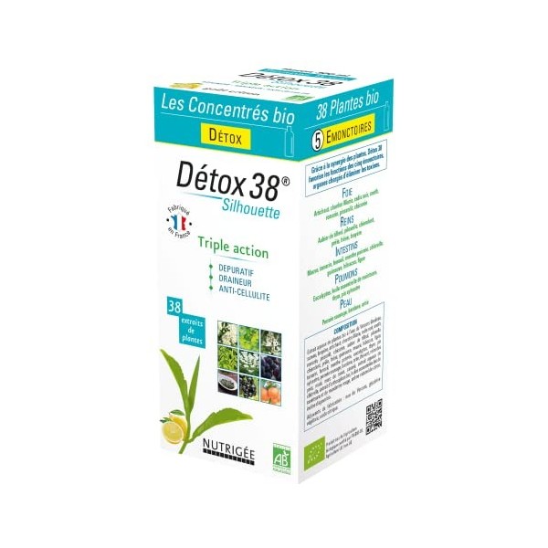 DÉTOX 38 BIO • 38 Plantes • Triple Action : DÉPURATIF - DRAINEUR - ANTI-CELLULITE • BOISSON CONCENTRÉE BIO • 300 ml • Fabriqu