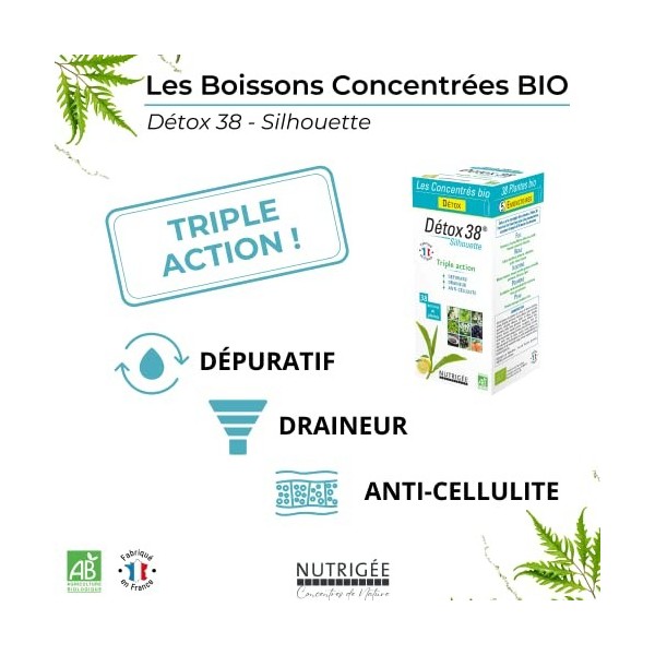 DÉTOX 38 BIO • 38 Plantes • Triple Action : DÉPURATIF - DRAINEUR - ANTI-CELLULITE • BOISSON CONCENTRÉE BIO • 300 ml • Fabriqu