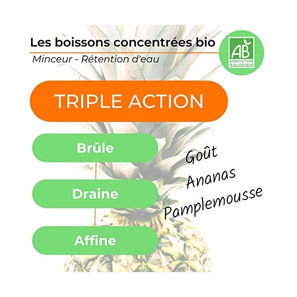 Boisson Concentrée Bio • Minceur Rétention d’Eau • Triple action : brûle – draine – affine • 6 Fruits bio • 9 Plantes bio • F