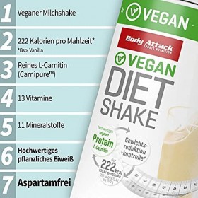 Body Attack Diet Shake végane vanille, Poudre de protéines végétales pour maigrir avec des protéines de pois et Carnipure™, S