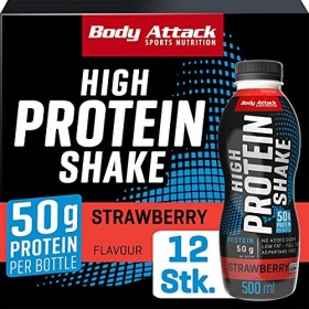 Body Attack Fitness Protein Shake - Boisson protéinée au lait - Milkshake prêt à lemploi en bouteille de 500 ml, Strawberry 