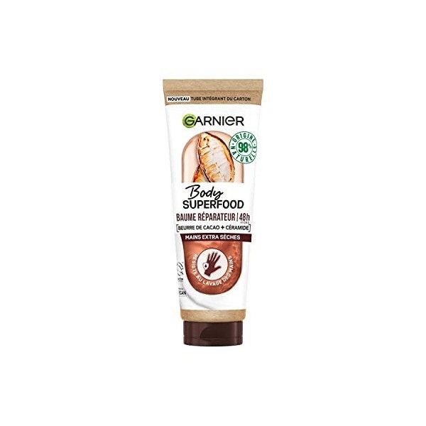 Garnier Body Superfood - Baume Mains Réparateur 48H au Beurre de Cacao & Céramide - Formule Vegan à 98% dIngrédients dOrigi