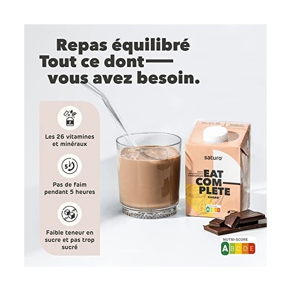 Saturo Substitut de Repas Complet, Chocolat, Prêt à Consommer Riche en Protéines, Vitamines et Minéraux – Milk-Shake/Smoothie