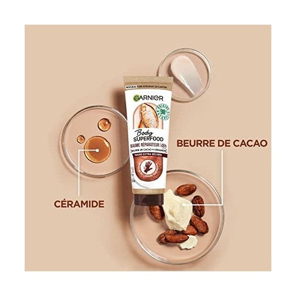 Garnier Body Superfood - Baume Mains Réparateur 48H au Beurre de Cacao & Céramide - Formule Vegan à 98% dIngrédients dOrigi