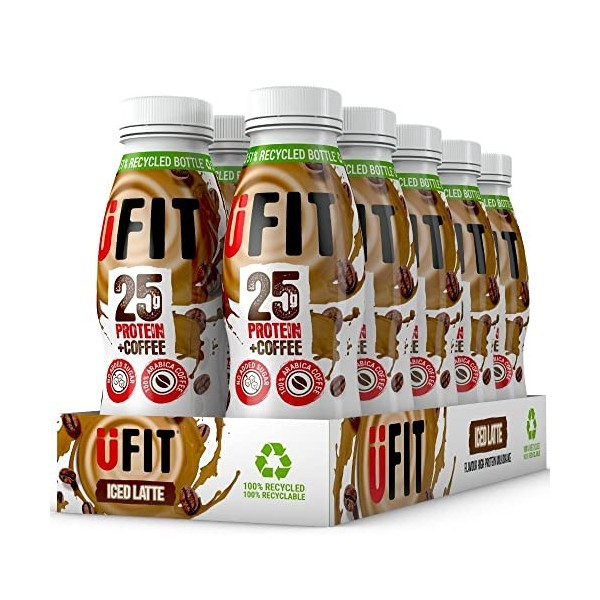 UFIT Lot de 10 shakes protéinés, sans sucre ajouté, sans graisse, saveur latte glacé, prêt à boire, 330 ml