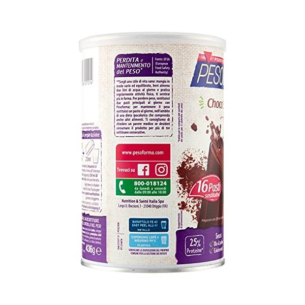 Pesoforma Choco Smoothie, Pâte de remplacement pour perte et contrôle du poids, 16 repas, 202 Kcal à repas