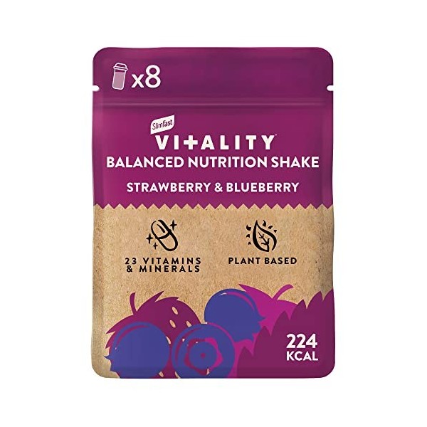 SlimFast Vitality - Secouage équilibré avec vitamines et minéraux pour un style de vie équilibré, végétalien, saveur fraise e