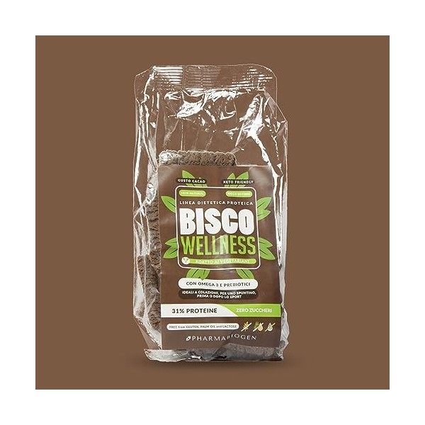 Biscuits protéinés Low Carb "Bisco Wellness" avec oméga3 et prébiotiques goût cacao végétalien Format de 200 g.