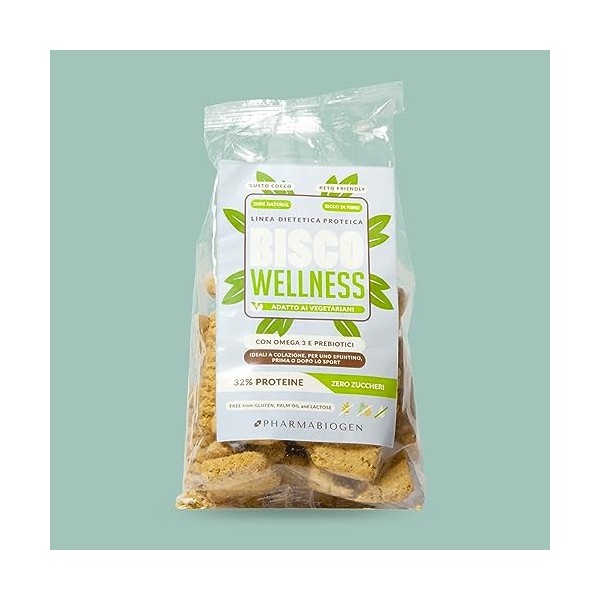 Biscuits protéinés Low Carb "Bisco Wellness" avec oméga3 et prébiotiques goût noix de coco. Vegan Format de 200g.