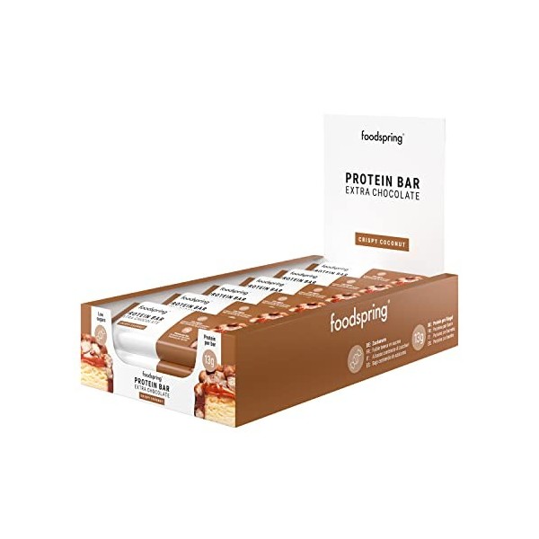 foodspring Protein Bar Extra Chocolate -13g de protéine par barre, sans sucre ajouté, en-cas à prendre après le sport ou en d