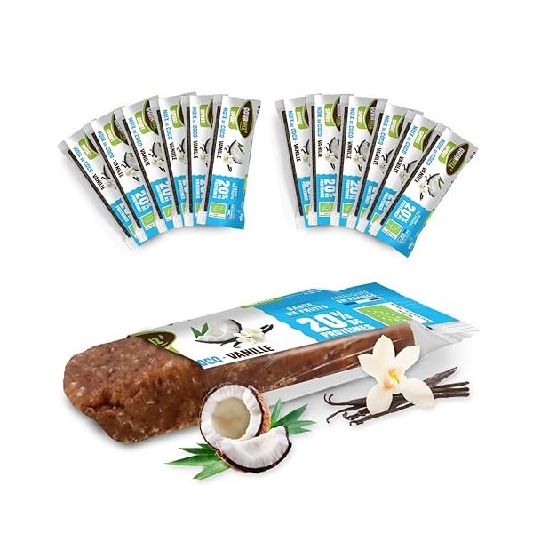 Gourmiz barres de fruits protéinées - 12 x 40gr, barre protéinée énergétique bio, dattes, noix de coco, & vanille, snacks veg